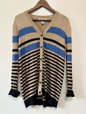 Vintage 100% Silk Beige and Blue Striped Ribbed V-Neck Cardigan Sweater